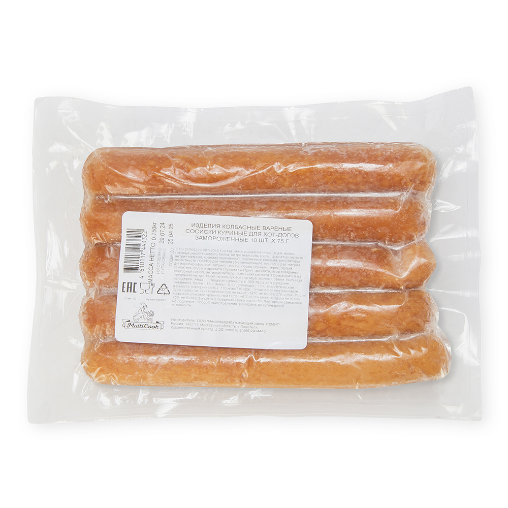 СОСИСКИ MULTICOOK КУРИНЫЕ ДЛЯ ХОТ-ДОГОВ В/У 10ШТ Х75 ГР