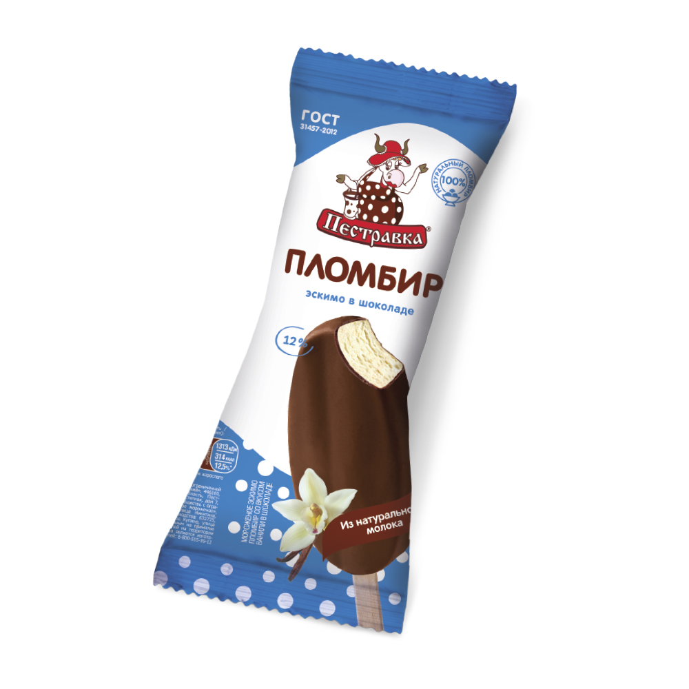 Мороженое Пестравка пломбир ванильный эскимо в шоколадной глазури 12% флоу-пак 70г БЗМЖ