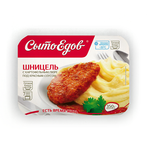 ШНИЦЕЛЬ С КАРТОФЕЛЬНЫМ ПЮРЕ ПОД КРАСНЫМ СОУСОМ СЫТОЕДОВ 350ГР