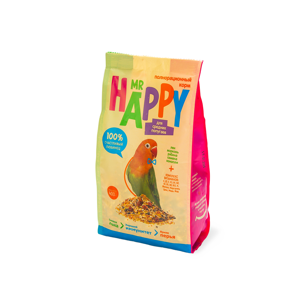 КОРМ MR HAPPY ДЛЯ СРЕДНИХ ПОПУГАЕВ 400ГР