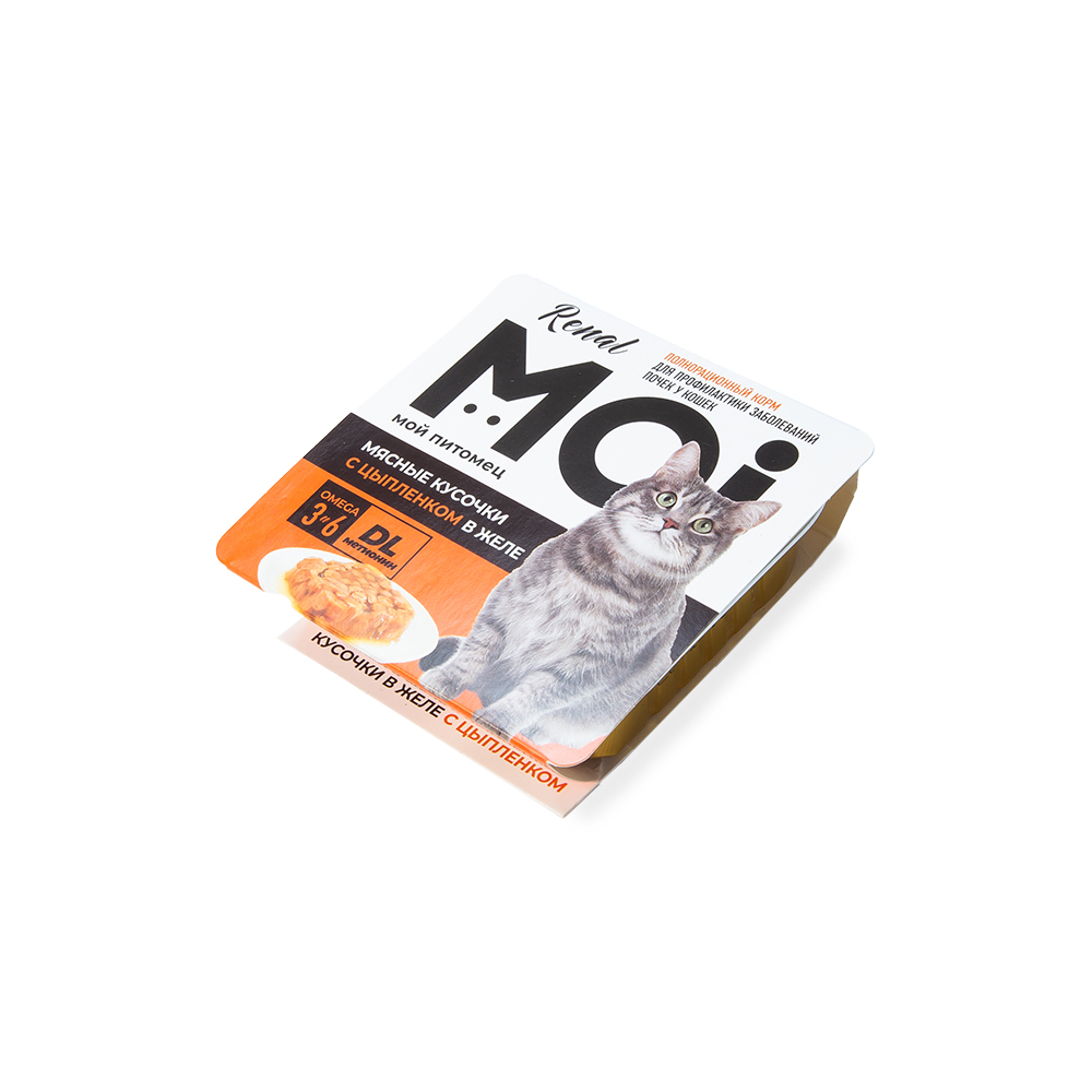 КОРМ MOI ДЛЯ КОШЕК МЯСНЫЕ КУСОЧКИ С ЦЫПЛЕНКОМ В ЖЕЛЕ, ПРОФИЛАКТИКА ЗАБОЛЕВАНИЯ ПОЧЕК ЛАМИСТЕР 100 ГР