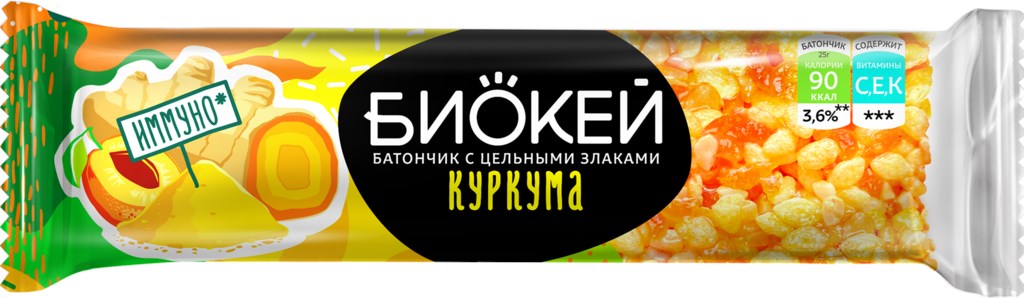 БАТОНЧИК БИОКЕЙ С КУРКУМОЙ И АБРИКОСОМ ЗЛАКОВОЙ 25Г