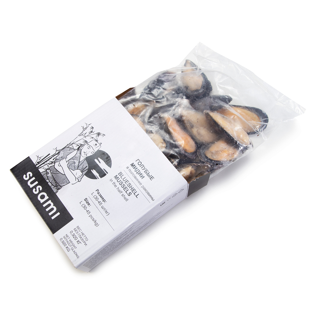 Мидии Susami 1/2 ракушки, размер 30/45, 1кг, Китай