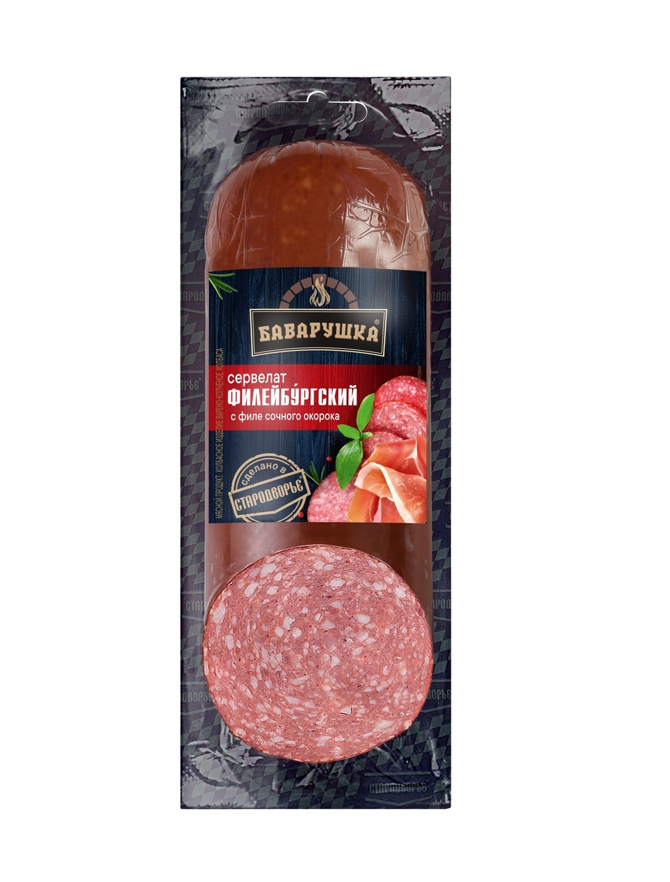 Колбаса в/к Баварушка Сервелат Филейбургский с филе сочного окорока срез в/у 0,35 кг (50 сут)