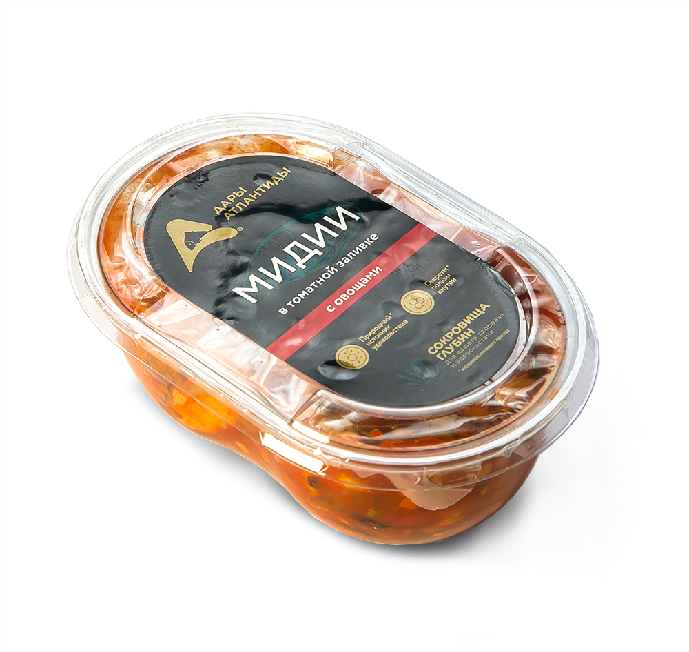 Пресервы. Мидии вареные маринованные Дары Атлантиды в томатной заливке с овощами, 220 г