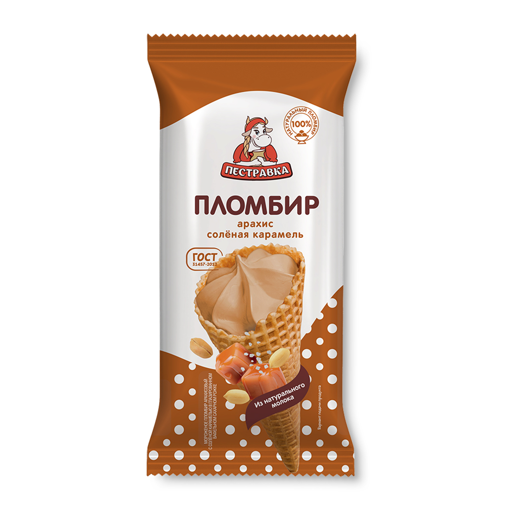 БЗМЖ МОРОЖЕНОЕ ПЕСТРАВКА РОЖОК ПЛ АРАХИСОВЫЙ С СОЛЕНОЙ КАРАМЕЛЬЮ 12% 100ГР