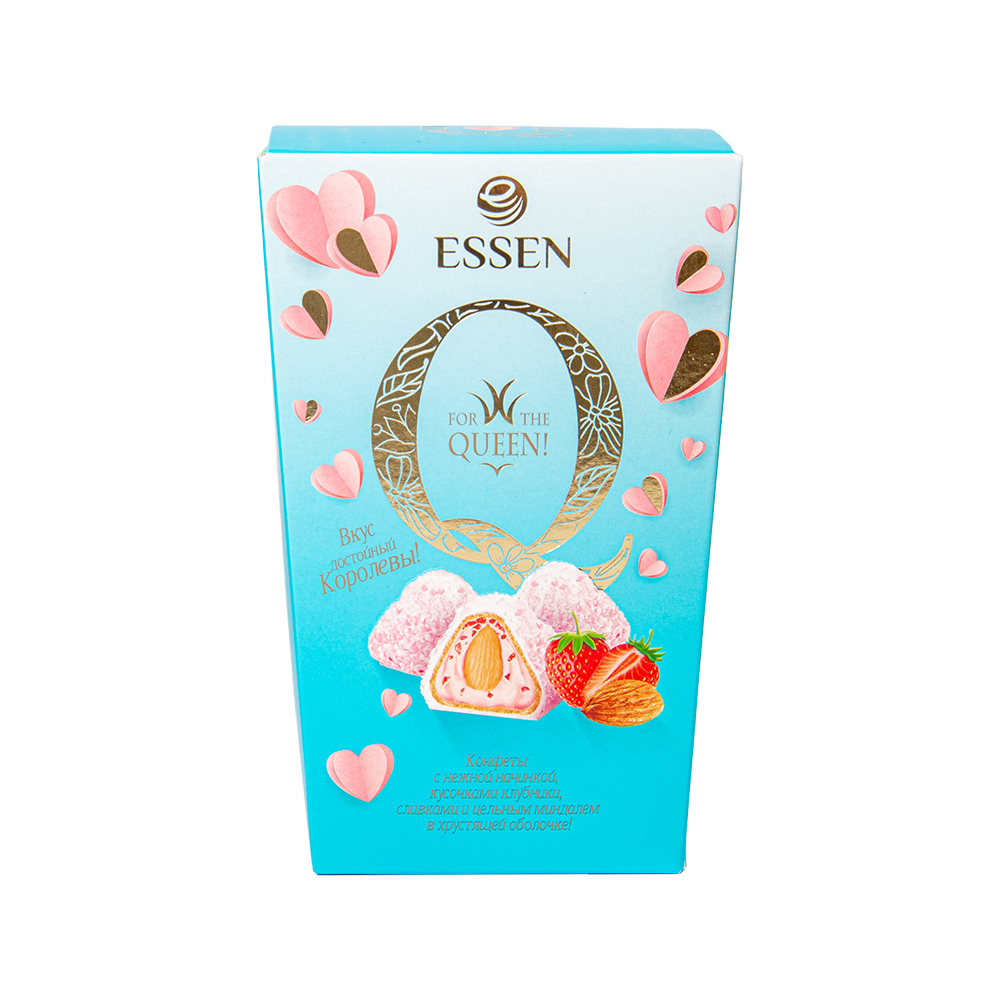 Конфеты ЭССЕН  "Q" клубника со сливками миндалем и кокосом, коробка/150гр