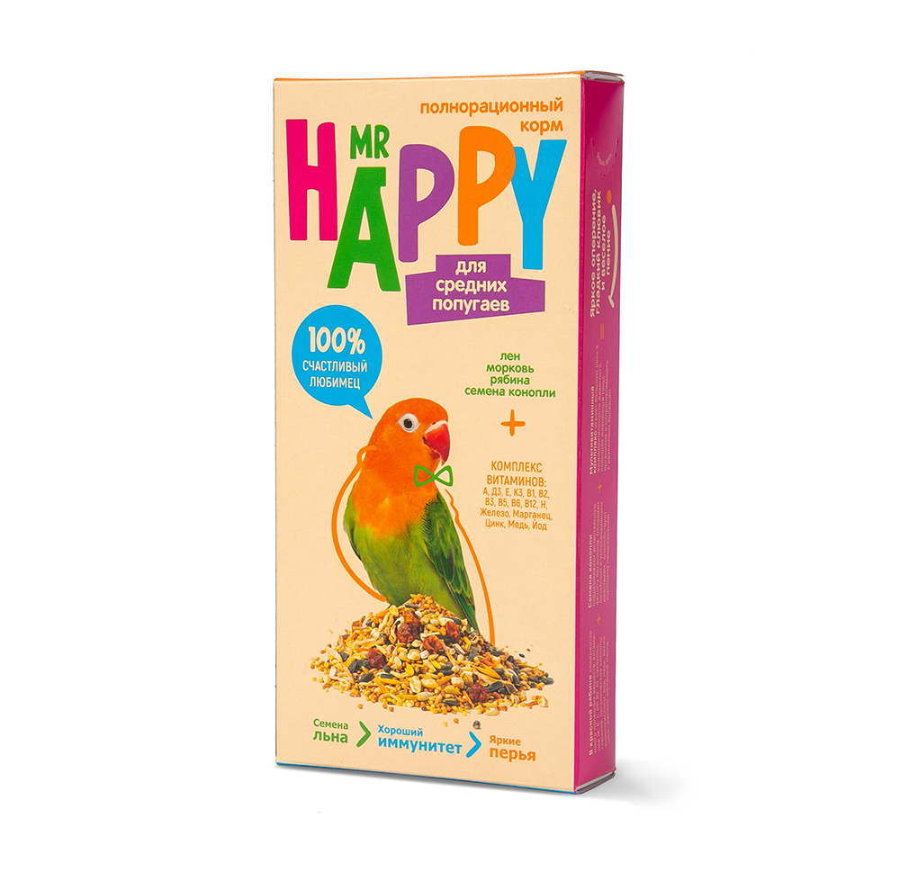 КОРМ MR HAPPY ДЛЯ СРЕДНИХ ПОПУГАЕВ 400ГР