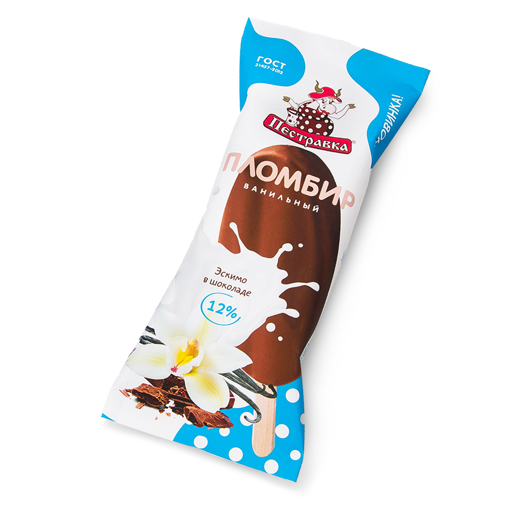 Мороженое Пестравка пломбир ванильный эскимо в шоколадной глазури 12% флоу-пак 70г БЗМЖ