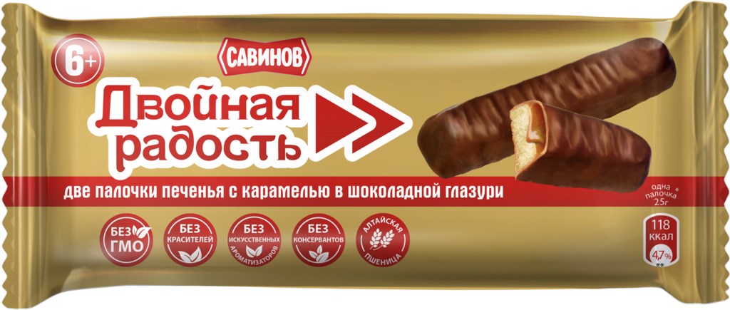 БАТОНЧИК С ПЕЧЕНЬЕМ ДВОЙНАЯ РАДОСТЬ С КАРАМЕЛЬЮ ГЛАЗИР 50 Г