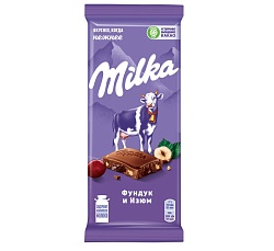 Шоколад Milka молочный с дробленым фундуком и изюмом, 85г