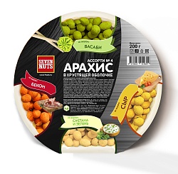 Тарелка арахис в хрустящей оболочке 200г 4 вкуса: сметана/зелень, сыр, васаби, бекон Seven Nuts