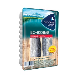 СЕЛЬДЬ АТЛАНТИЧЕСКАЯ ФИЛЕ С КОЖЕЙ "СЕЛЕДОЧКА БОЧКОВАЯ" ПРЯНОГО ПОСОЛА "РУССКОЕ МОРЕ" 230Г